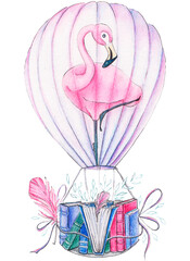 Balloon with pink flamingos,books and feathers.Idea for summer time.
