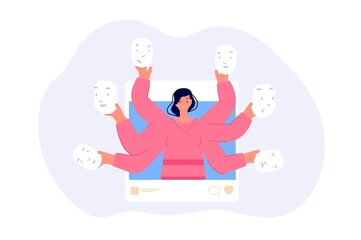 Fake emotions social media. Woman hold different emotional masks. Mental disorder, psychology problems girl. False happiness and joy, virtual lie vector concept