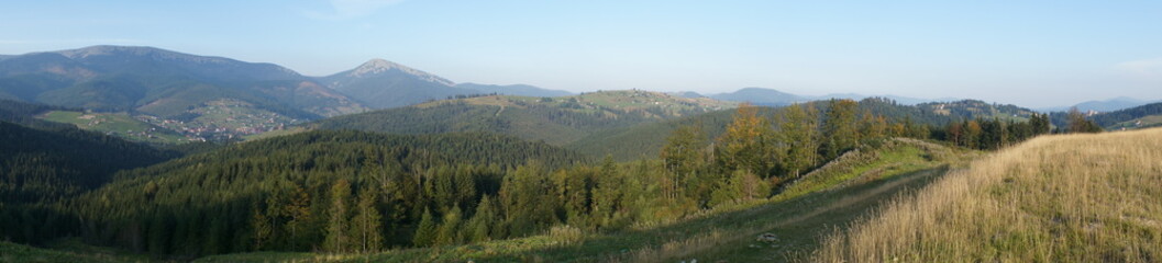 View of the Carpathian Mountains from the Ukrainian Mount Hoverla. Panorama  