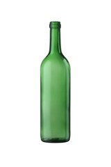 Empty green glass wine bottle isolated on white