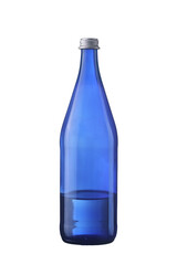 blue glass water bottle isolated on white background