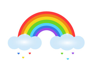 Colorful rainbow and clouds with hearts on blue background. Print, Card. Cartoon style