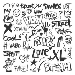 Urban graffiti elements. Spray graphics street drawing, pen doodle texture art. Isolated black fashion paint lettering, funky painted writing neoteric vector set