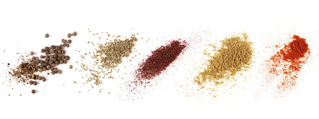 Set allspice, anise seeds spice (Pimpinella anisum), ground sumac spice, Tikka masala  powder mix and red paprika isolated on white, top view  - obrazy, fototapety, plakaty