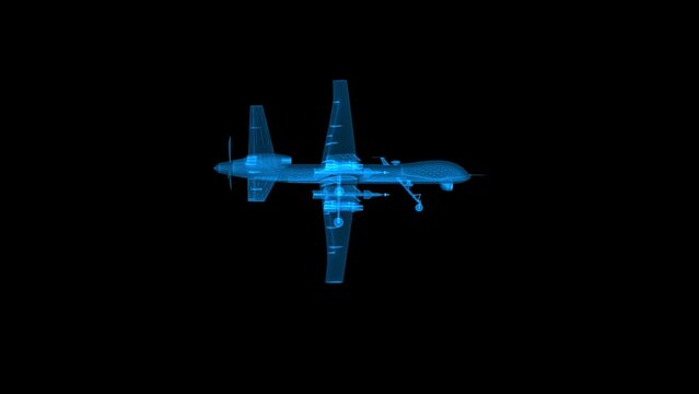 High detailed 4k loop rotating 360 degrees abstract military remotely piloted vehicle aircraft drone reaper hologram footage. Overlay slow motion 60 fps