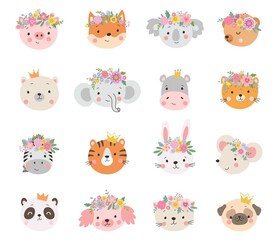 Animal princesses in crown. Floral crowns on princess, queen dog cat bunny and coala. Cartoon animals avatars, wild and pets faces nowaday vector stickers