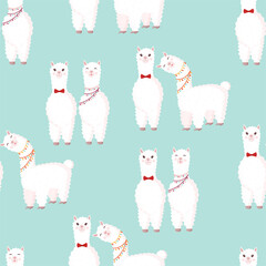 Seamless pattern with lamas lovers on a blue background. Vector illustration suitable for baby texture, textile, fabric, poster, Valentines day greeting card, decor. Cute alpaca from Peru. © Irina Anashkevich