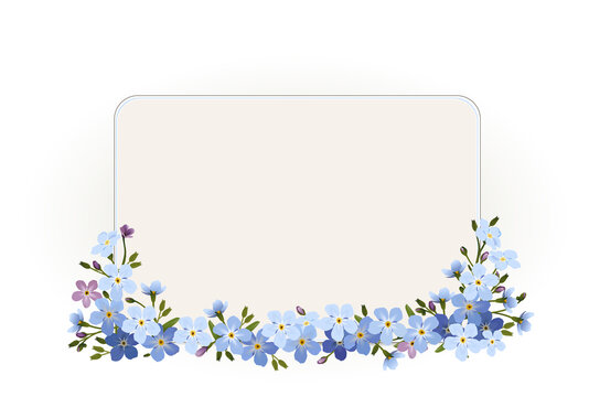 Blanko Karte mit Vergissmeinnicht Bl&uuml;ten, 
Karte zum Muttertag, Geburtstag, Valentinstag, Hochzeit und mehr, 
Vektor Illustration isoliert auf wei&szlig;em Hintergrund
