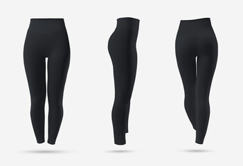Black women's leggings mockup, 3D rendering, isolated on background, front, back, side view.