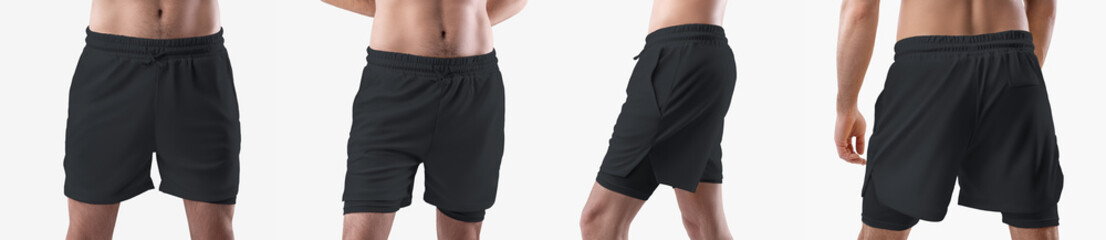 Mockup of black loose shorts with underpants compression line on athletic man, front, side, back...