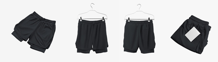 Mockup of men's black shorts with a compression line of underpants, on a hanger, folded with a label, isolated on background, front, back.
