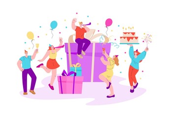 Birthday party people. Woman man dancers celebration with balloons gifts and confetti. Holidays congratulations, happy event in company kicky vector characters