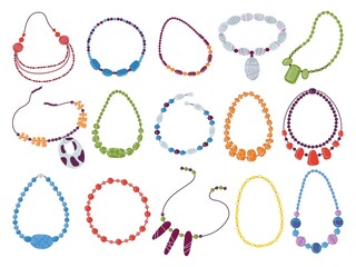 Female necklace set. Precious necklaces from beads diamond and pearl, isolated beading jewelry. Woman beaded chain, girl bijouterie decent vector bundle