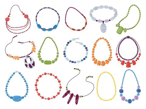 Female necklace set. Precious necklaces from beads diamond and pearl, isolated beading jewelry. Woman beaded chain, girl bijouterie decent vector bundle