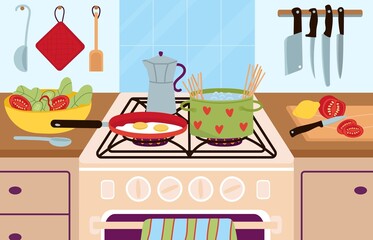 Cooking gas stove on kitchen. Food prepare on cooker, prepare meal process. Cutting vegetables, fried eggs and doing pasta in saucepan, decent vector background