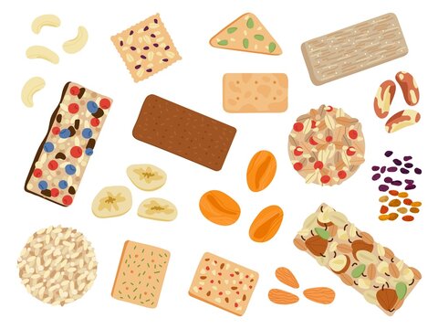 Healthy Snacks Set. Muesli Bars, Brazil Nuts And Seeds. Granola, Nut Mix And Crackers With Herbs. Isolated Vegan Kit Fast Food Decent Vector Collection