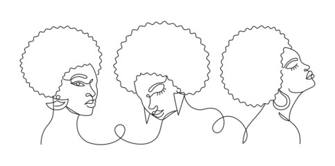Face of an Afro American woman in a modern abstract minimalist one line style with minimal shapes. Continuous black line of an African girl simple drawing. Isolated on white. Vector illustration.