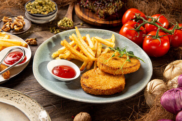 Portion of breaded fried cutlets with potato fries and sauce