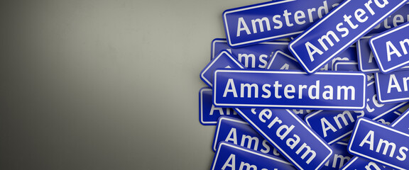 Multiple Amsterdam city limit signs on a heap. Amsterdam is the capital and largest city in the...