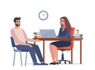 Fototapeta premium Bank office consultant adviser talking with client. Banking concept. Female bank employee in a suit with corporate symbols advises a man client. Vector flat illustration.