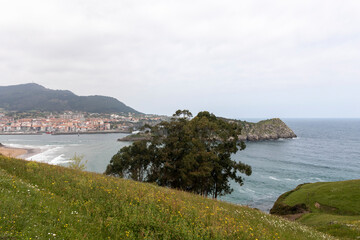 Fototapeta premium panoramic view of lekeitio island a cloudy spring day