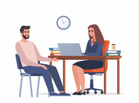 Bank office consultant adviser talking with client. Banking concept. Female bank employee in a suit with corporate symbols advises a man client. Vector flat illustration.