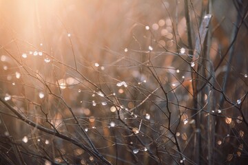 Photo of nature. Dew drops on the branches. Drops.