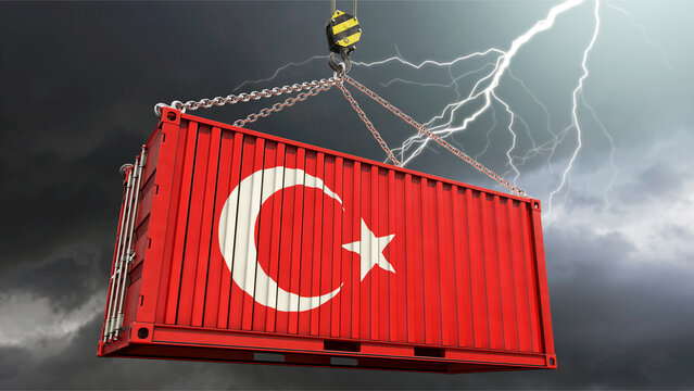 Türkische Exportwirtschaft - Container mit Türkei Flagge und Gewitter im Hintergrund