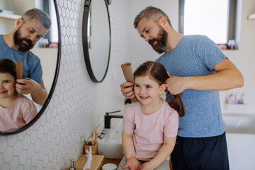 Father brushing his little daughter's hair in bathroom, morning routine concept.
