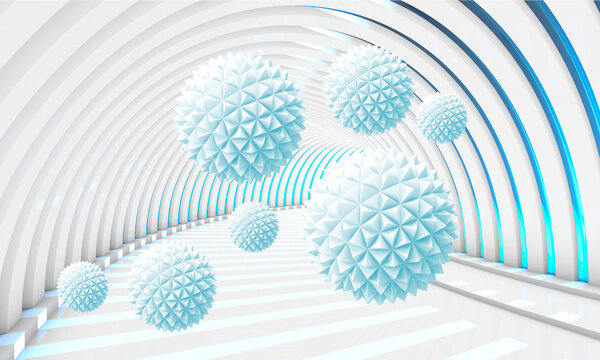 3d image of spiked balls in a tunnel. 3d photo wallpapers.