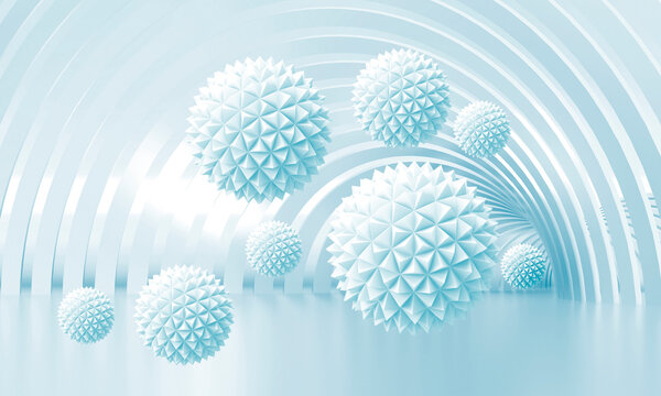 3d wallpaper. A tunnel with a white background and floating balls. 3d image.