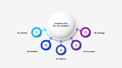 Flowchart diagram with 5 circle elements. Concept of business project hierarchy visualization with five options. Infographic design template