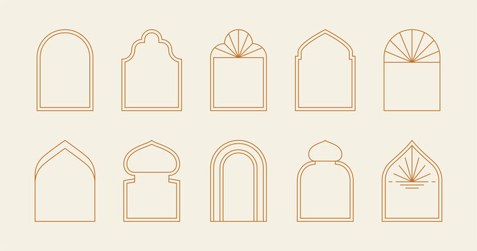 Boho minimal arch frames. Bohemian contemporary borders for esoteric linear logo celestial concept. Vector illustration