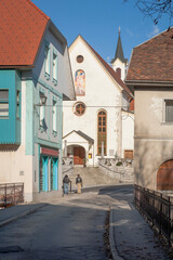 Skofia Loka. Slovenia. panorama di case del centro cittadino
