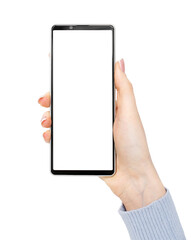 Smart phone on hand closeup, woman hand holding smartphone with blank mockup screen and modern design, hold Mobile phone isolated on white