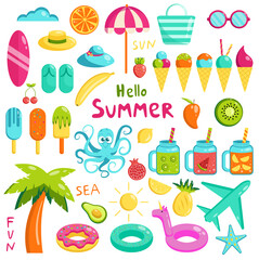 Vector flat set of summer elements. Collection of cute summer items.