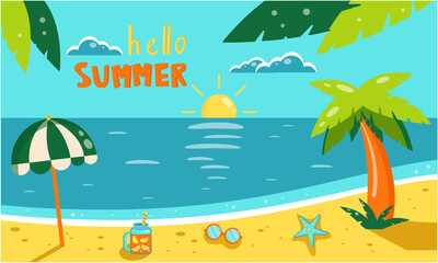 Hello summer background. Vector flat summer illustration of sea, palm trees, sun, beach. Cartoon summer landscape with beach, sea and palm trees. Summer bright banner.