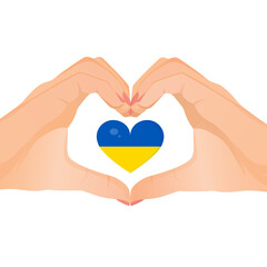 Obraz premium Hands make heart gesture in support of Ukraine. Vector illustration of heart sign. Ukrainian flag.