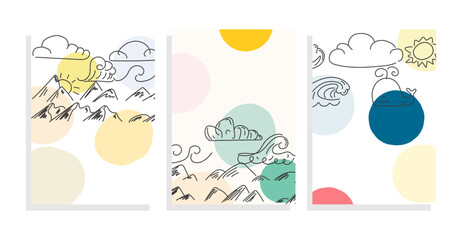 doodle template vector set with whale,wave,mountains,clowds