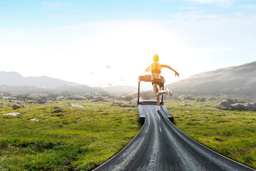 Woman running on a treadmill concept
