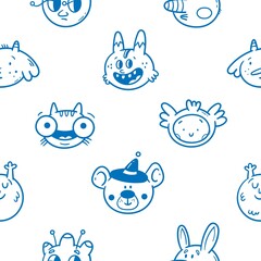 Seamless pattern with cute characters on  white background. Doodle animals print. Cartoon creatures wallpaper.