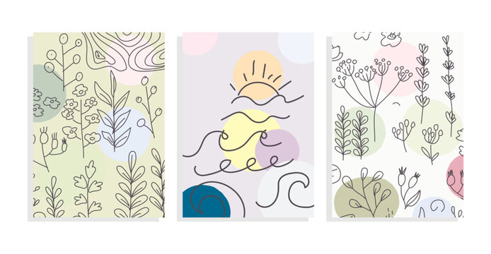 doodle vector template set with sunset sea, floral branches