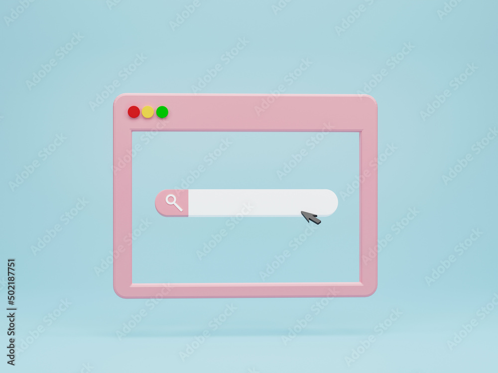 Poster 3d rendering, 3d illustration. minimal video media player interface with search bar on blue backgrou