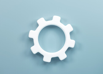 3D rendering, 3D illustration. Minimal gear symbol on blue background. Gear simple icon cogwheel concept.