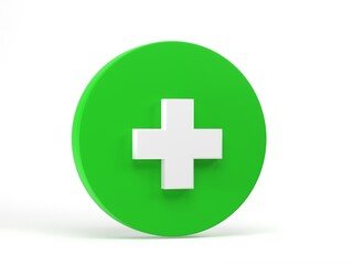 3D rendering, 3D illustration. Green cross icon isolated on white background. medical cross round button.
