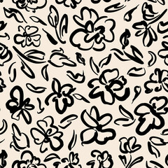 Abstract painted modern flowers with leaves seamless repeat pattern. Random placed, contemporary vector botanical drawning all over surface print on beige background. 