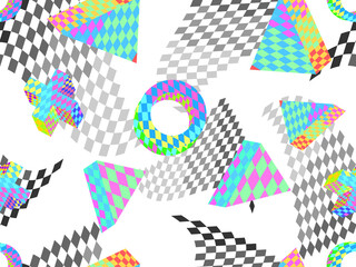Seamless pattern with 3d objects with an abstract checkered pattern in 90s style. Distorted multi-colored grid of their squares. Design for banners and promotional items. Vector illustration