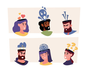Mental problems. Head with various negative thoughts discipline control positive minds self think boundaries garish vector flat concept illustrations
