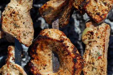 barbecue with cooking meat on the fire