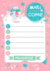 Stylish inspirational wish list card with cute bunny, gift, city, funny typography in vector. Lovely holiday background. Empty place for notes and wishes. Hand drawn lettering 